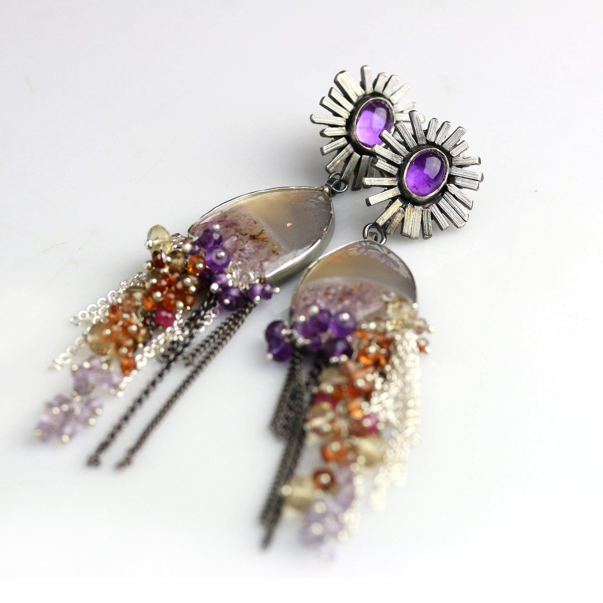 SOLD  Amethyst Crystal Edge Agates and Draped Clusters Earrings