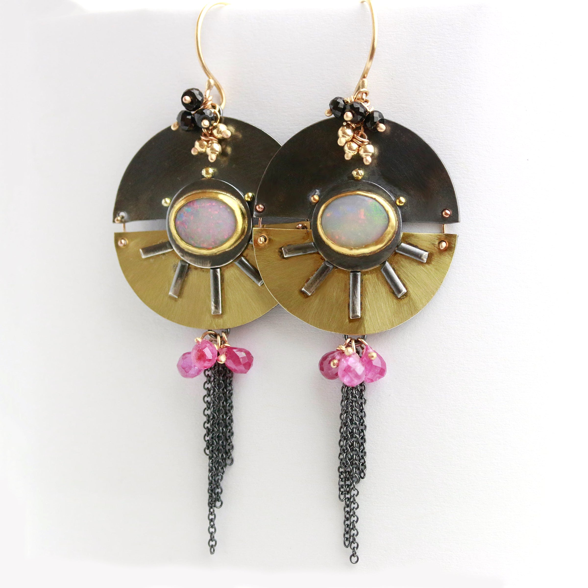 Split Disc Opal Earrings with Pink Sapphires and Black Spinel