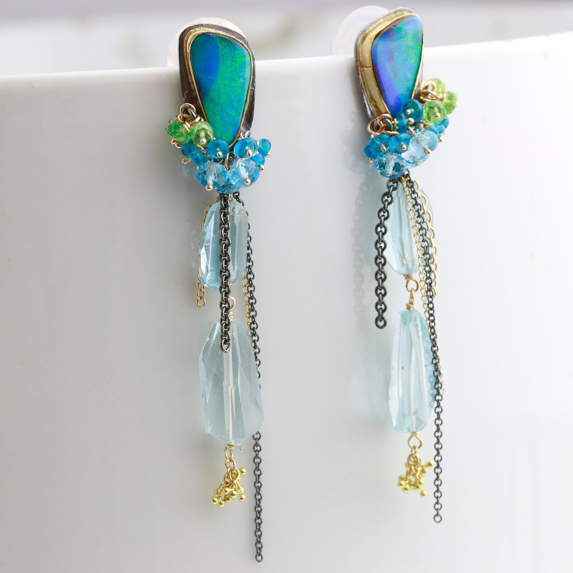 Aqua and Green Boulder Opal and Blue Topaz Dangle Earrings