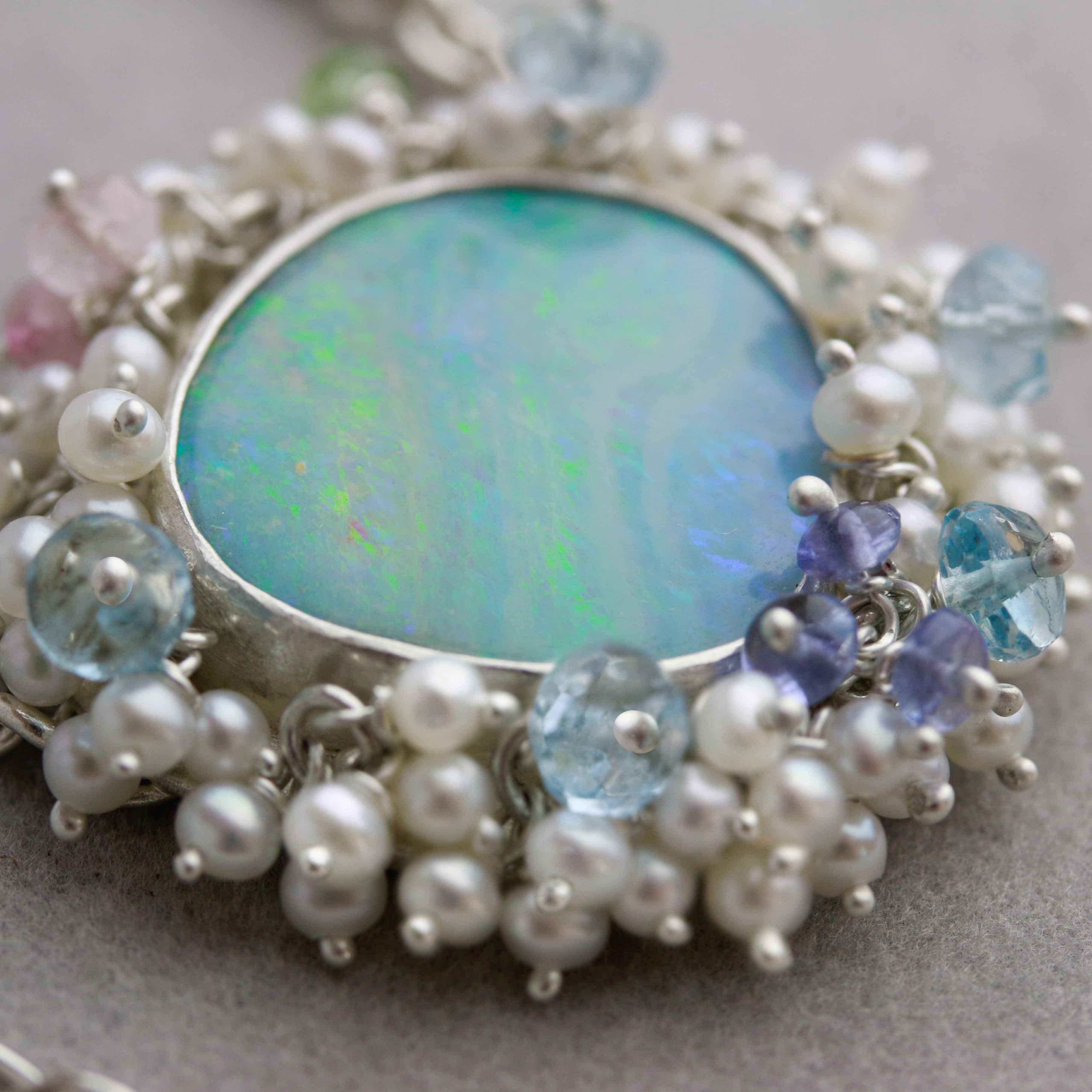 Sky Blue Boulder Opal with Pearl Fringe Necklace