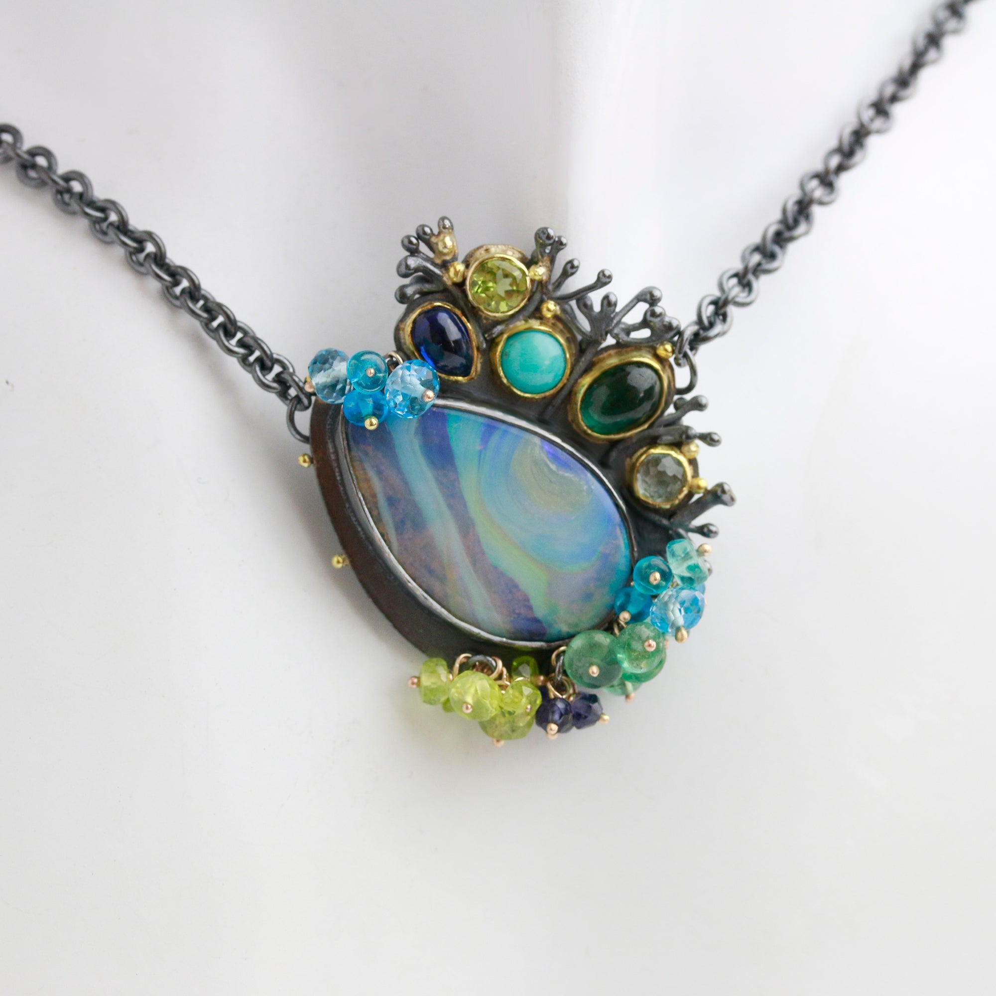 Blue Green Swirled Opal Necklace