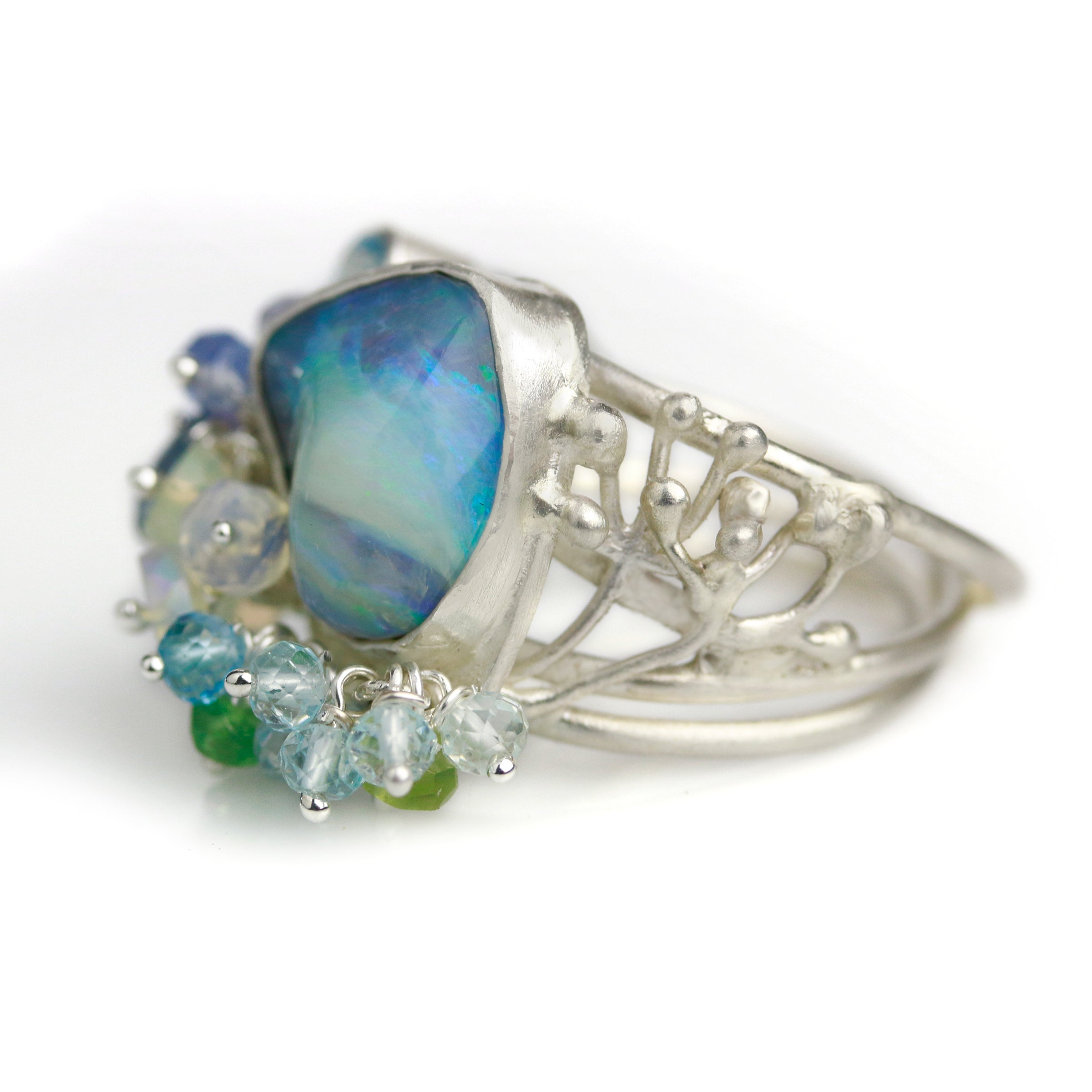 SOLD  Boulder Opal and Swiss Blue Topaz Tangled Vines Ring. Size 7 1/2 or 8.