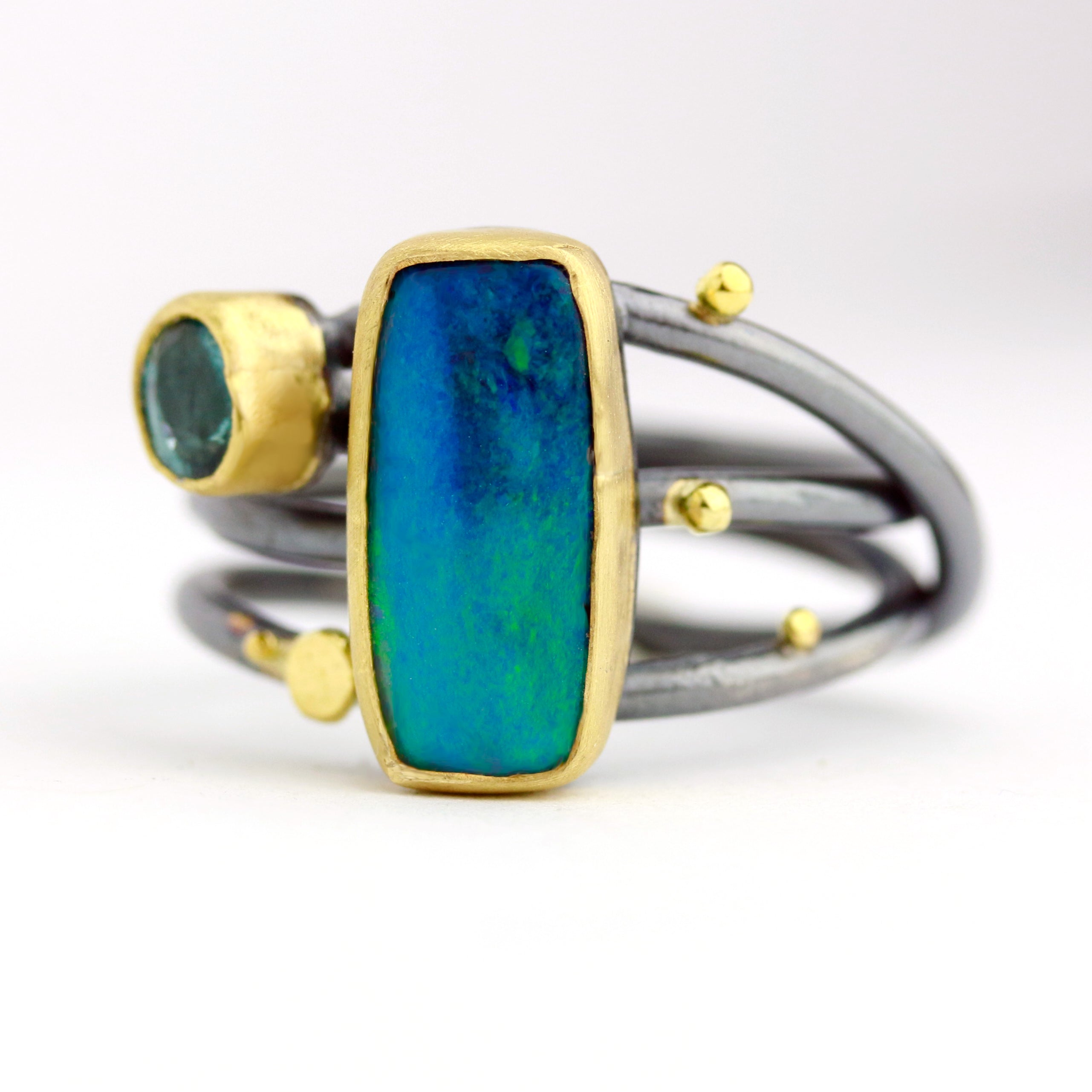 Blue Green Opal and Teal Kyanite Ring with Swirled Band. Size 7 3/4.