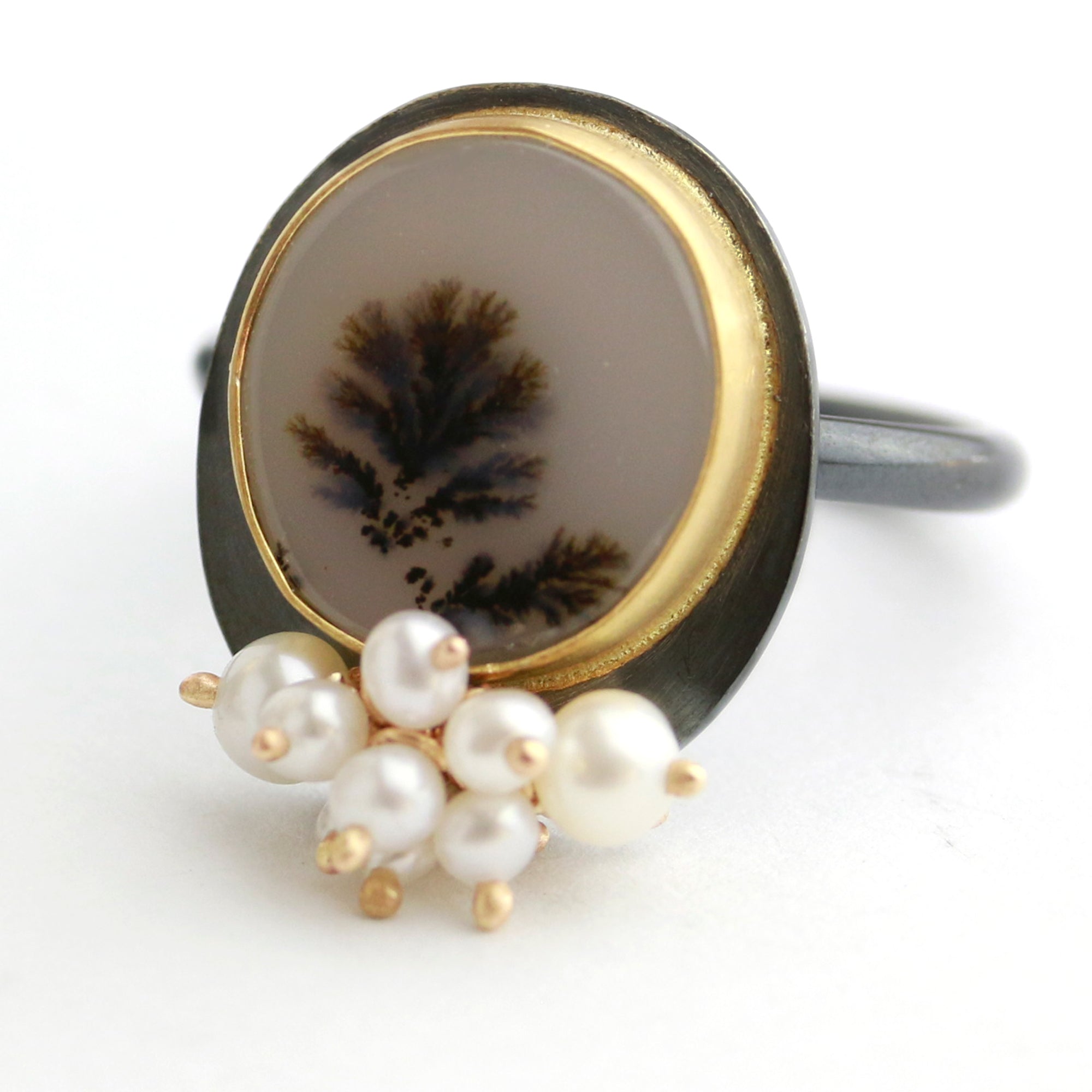 Dendritic Agate and Pearl Cluster Ring. Size 6 1/4.