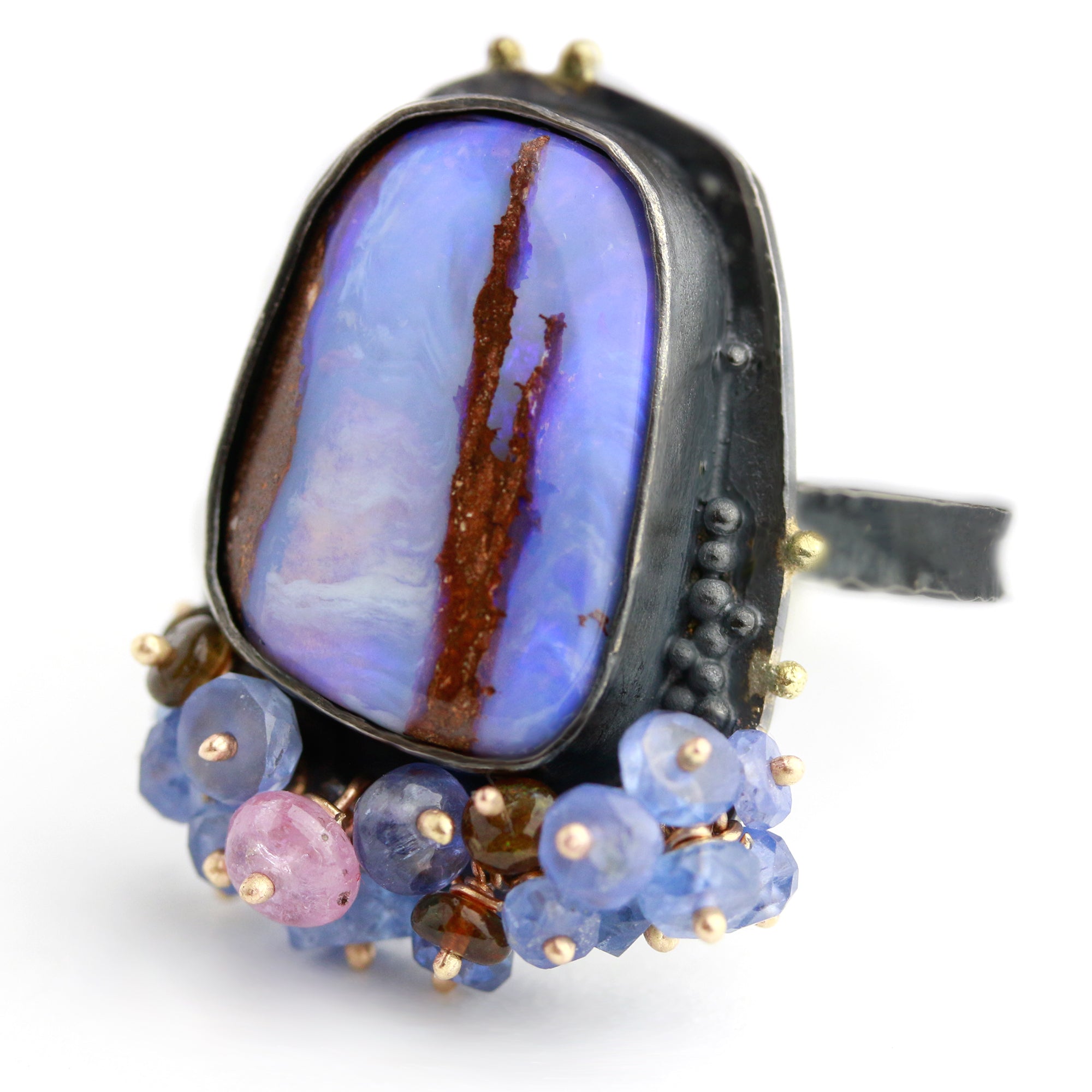 Sold! Lavender + Chocolate Boulder Opal Ring with Fringe. Size 8.