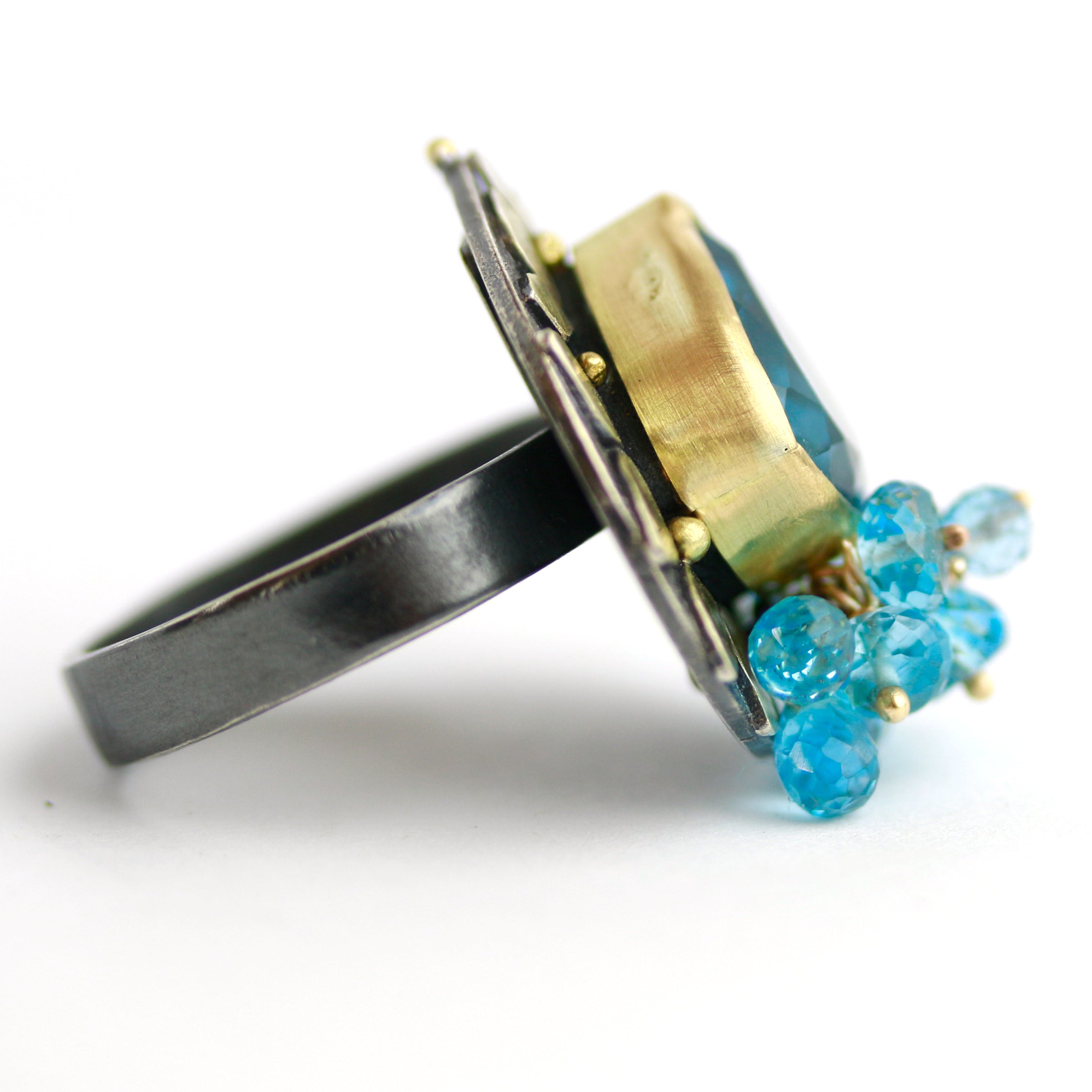 Blue Topaz and Gold Leaves Ring. Size 6 1/4.