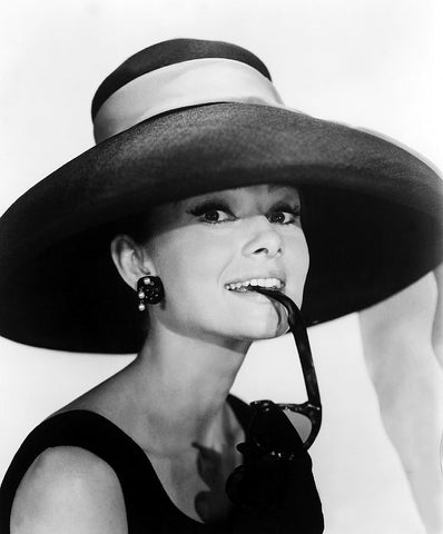 Audrey Hepburn Black and White Photo Wearing a Wide Brimmed Hat