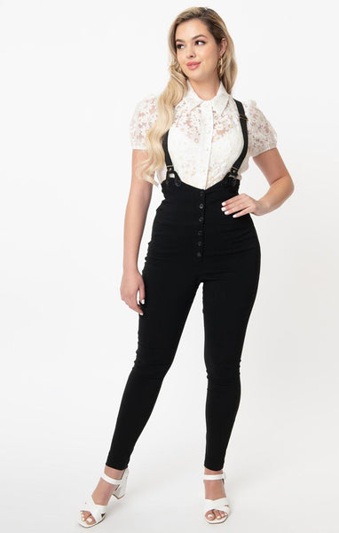 Black Moorehead Skinny Suspender Pants by Unique Vintage