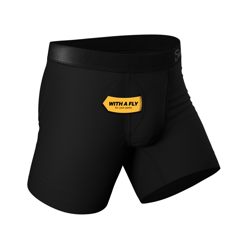 Men's boxer briefs with a unique label and tag, part of The 3 Legged Race Solid Ball Hammock® Pouch Underwear With Fly 3 Pack.