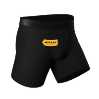 Men's boxer briefs with a unique label and tag, part of The 3 Legged Race Solid Ball Hammock® Pouch Underwear With Fly 3 Pack.