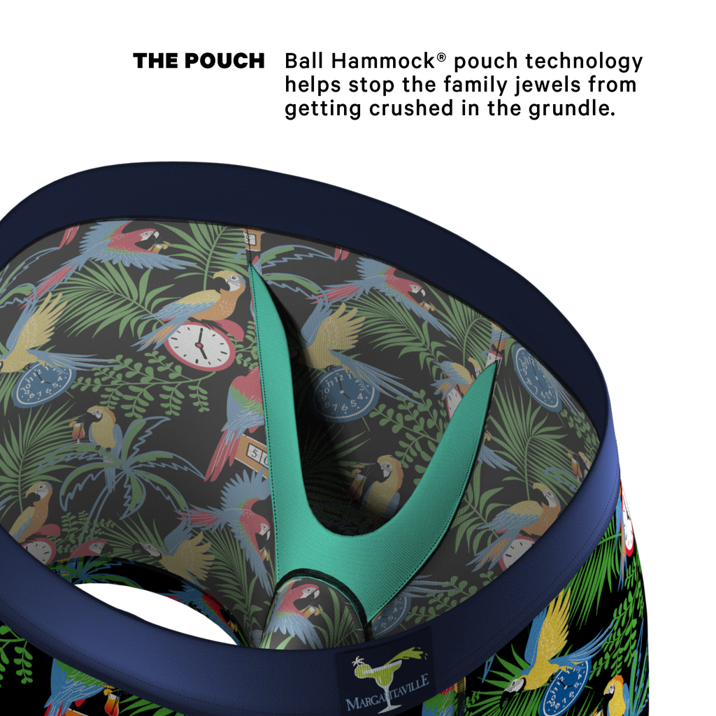 Close-up of Margaritaville® Ball Hammock® pouch underwear with a clock, bird, and logo details.