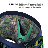 Close-up of Margaritaville® Ball Hammock® pouch underwear with a clock, bird, and logo details.