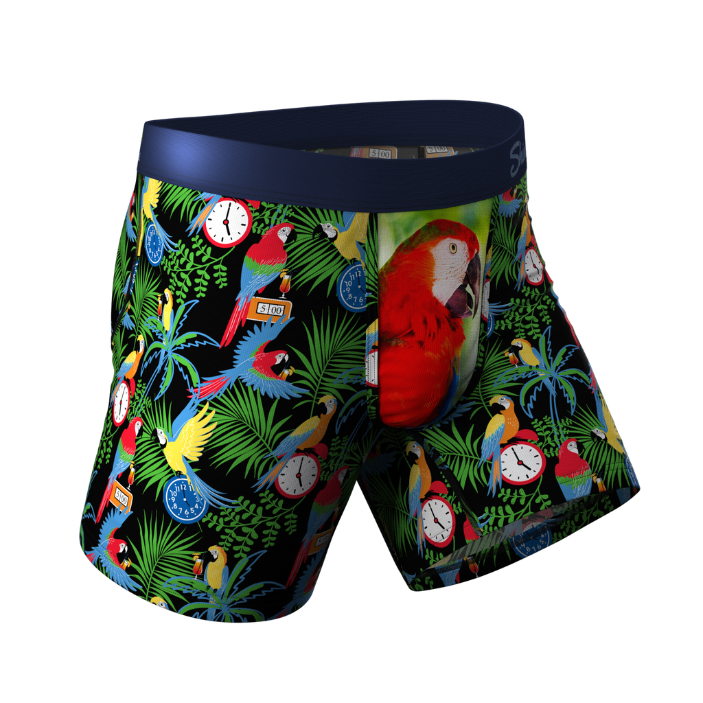 The 5 O Clock Somewhere | Margaritaville® Ball Hammock® Pouch Underwear, a pair of colorful boxers with a close-up of a clock and a parrot holding a drink.