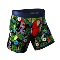The 5 O Clock Somewhere | Margaritaville® Ball Hammock® Pouch Underwear, a pair of colorful boxers with a close-up of a clock and a parrot holding a drink.