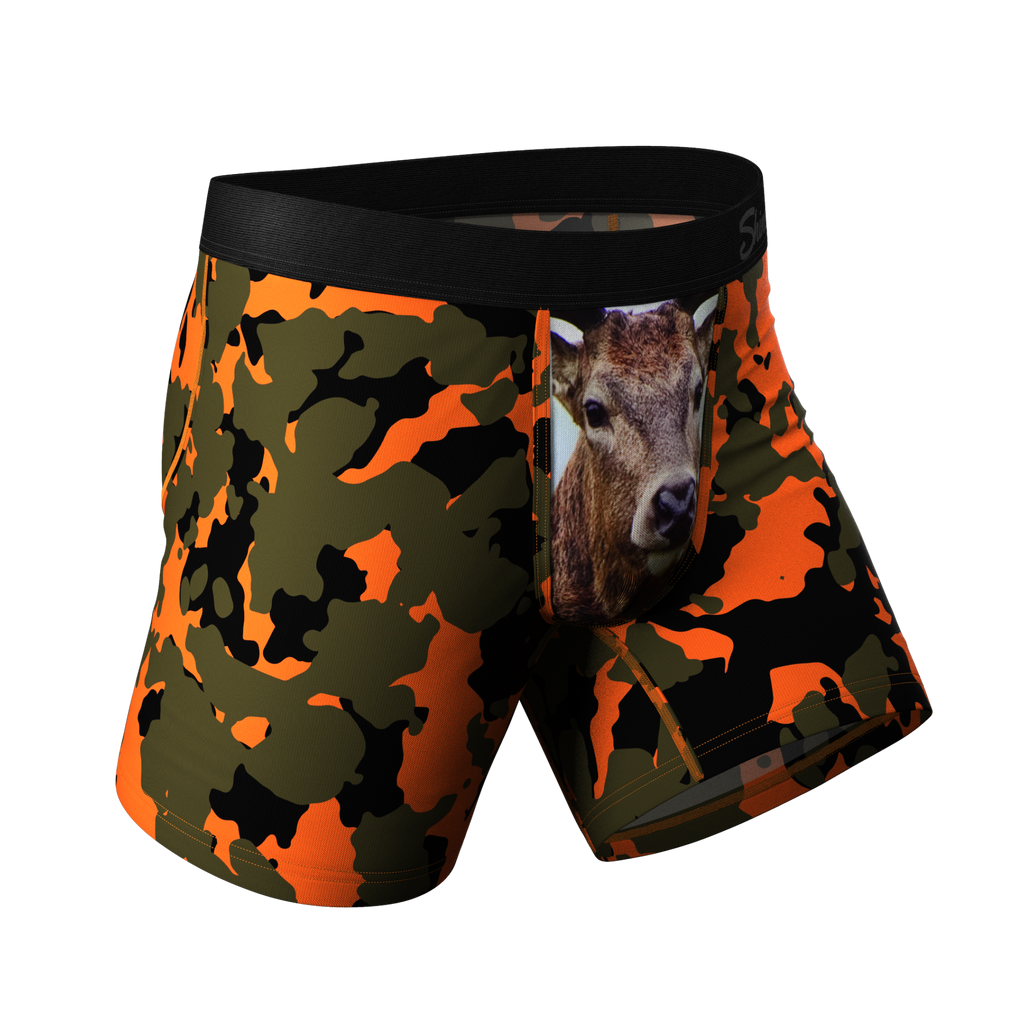 Orange camo deer boxer briefs with Ball Hammock® pouch featuring a deer head and camouflage pattern.