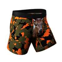 Orange camo deer boxer briefs with Ball Hammock® pouch featuring a deer head and camouflage pattern.
