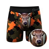 A close-up of camo deer boxers with a unique design.