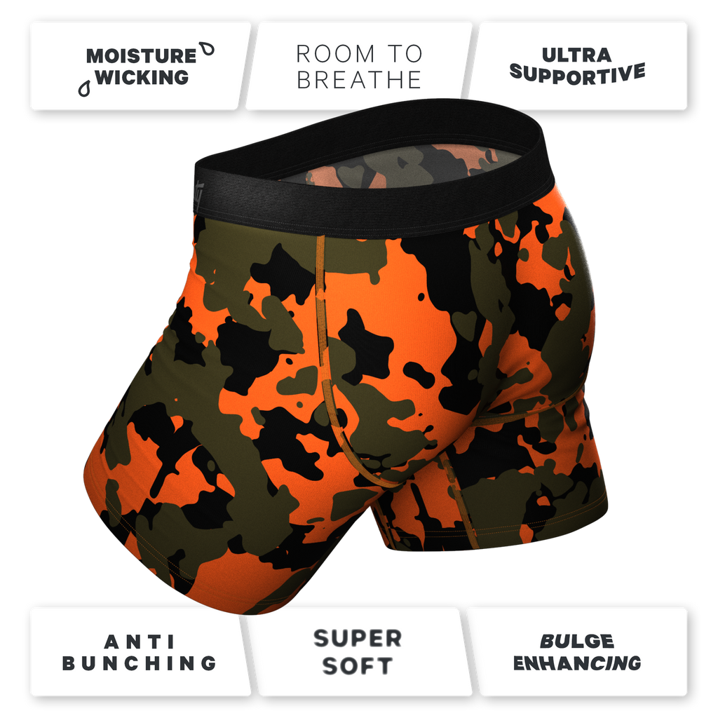 A close-up of camo deer boxers with Ball Hammock® pouch.