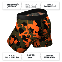 A close-up of camo deer boxers with Ball Hammock® pouch.