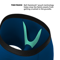 Dark blue Ball Hammock® pouch underwear with logo close-up.