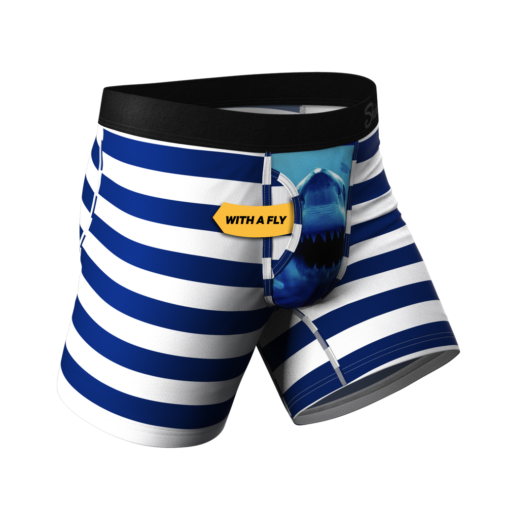 A close-up of striped shark boxers with Ball Hammock® pouch underwear.