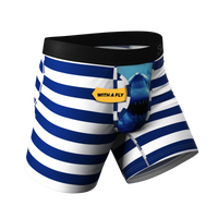A close-up of striped shark boxers with Ball Hammock® pouch underwear.