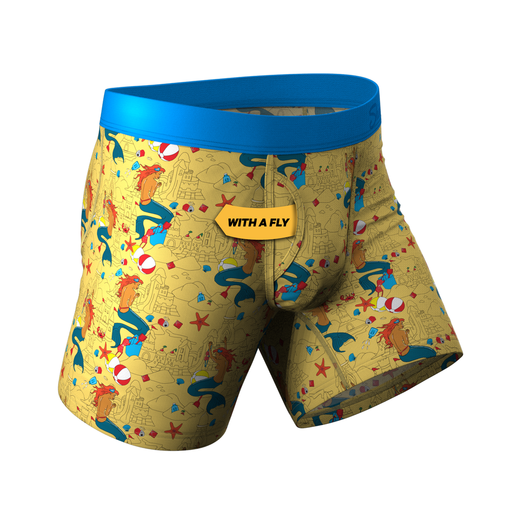 Boxer briefs with cartoon characters, beach scene Ball Hammock® pouch underwear with fly.