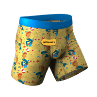 Boxer briefs with cartoon characters, beach scene Ball Hammock® pouch underwear with fly.