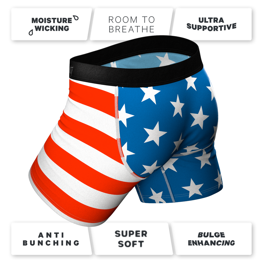 A pair of star and stripe patterned boxer briefs from The Bread Winners | Ball Hammock® Boxer Brief 5 Pack.
