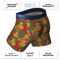 A pair of Margaritaville® themed Ball Hammock® pouch underwear featuring a cheeseburger design.