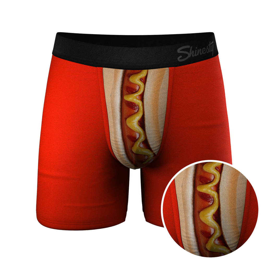 A close-up of hot dog-themed Coney Islands Ball Hammock® boxer briefs.