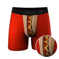 A close-up of hot dog-themed Coney Islands Ball Hammock® boxer briefs.