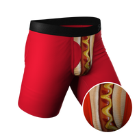 A close-up of hot dog patterned underwear with a unique ball hammock pouch design.