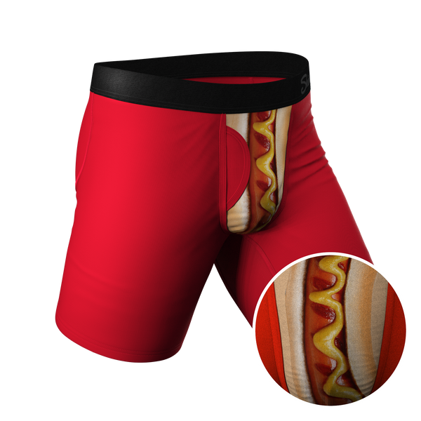 A close-up of hot dog patterned underwear with a unique ball hammock pouch design.