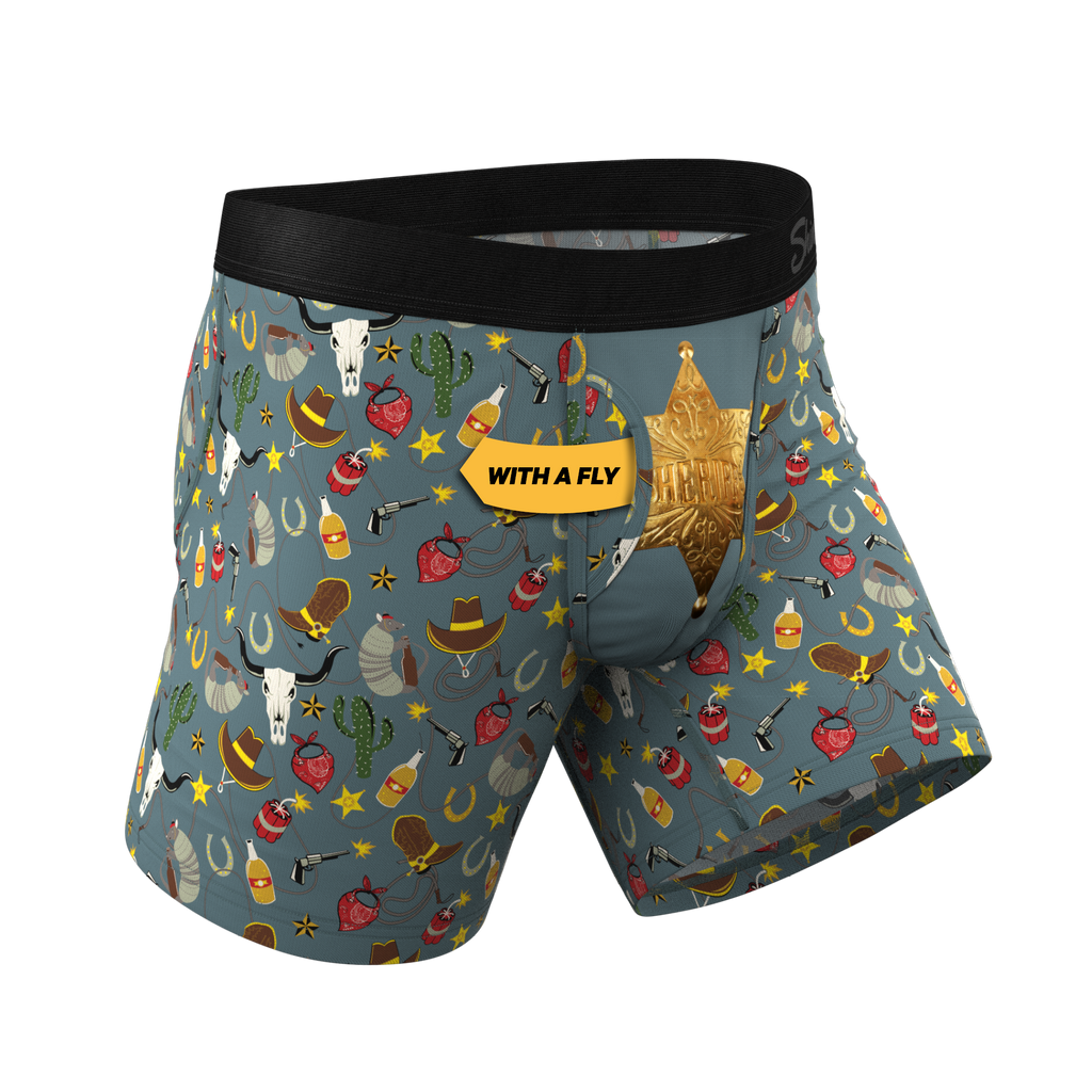 A pair of Wild West-themed Ball Hammock® pouch underwear with a sheriff badge design.
