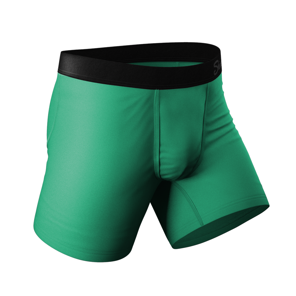 Men's Green Ball Hammock® Pouch Underwear by The Green Boys, close-up of boxer briefs and belt.