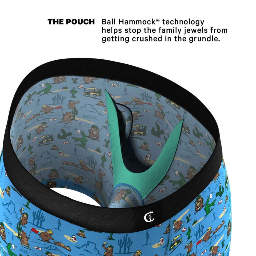 Cartoon-themed golf underwear with fly, part of The Hole In One | Criquet Collaboration Ball Hammock® Pouch Underwear With Fly 3 Pack.