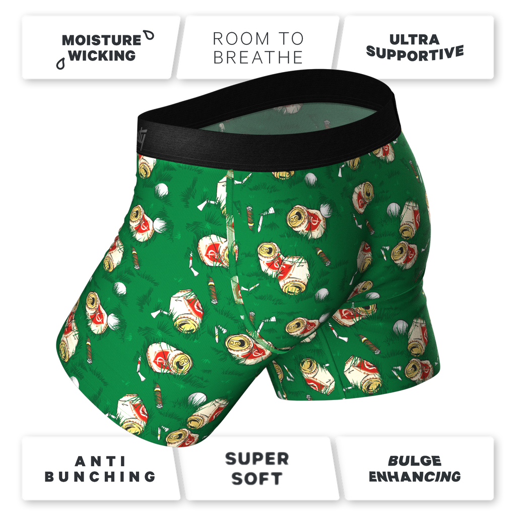 Boxer briefs with cartoon characters and beer cans, a golf-themed 3-pack of Ball Hammock® pouch underwear with fly.