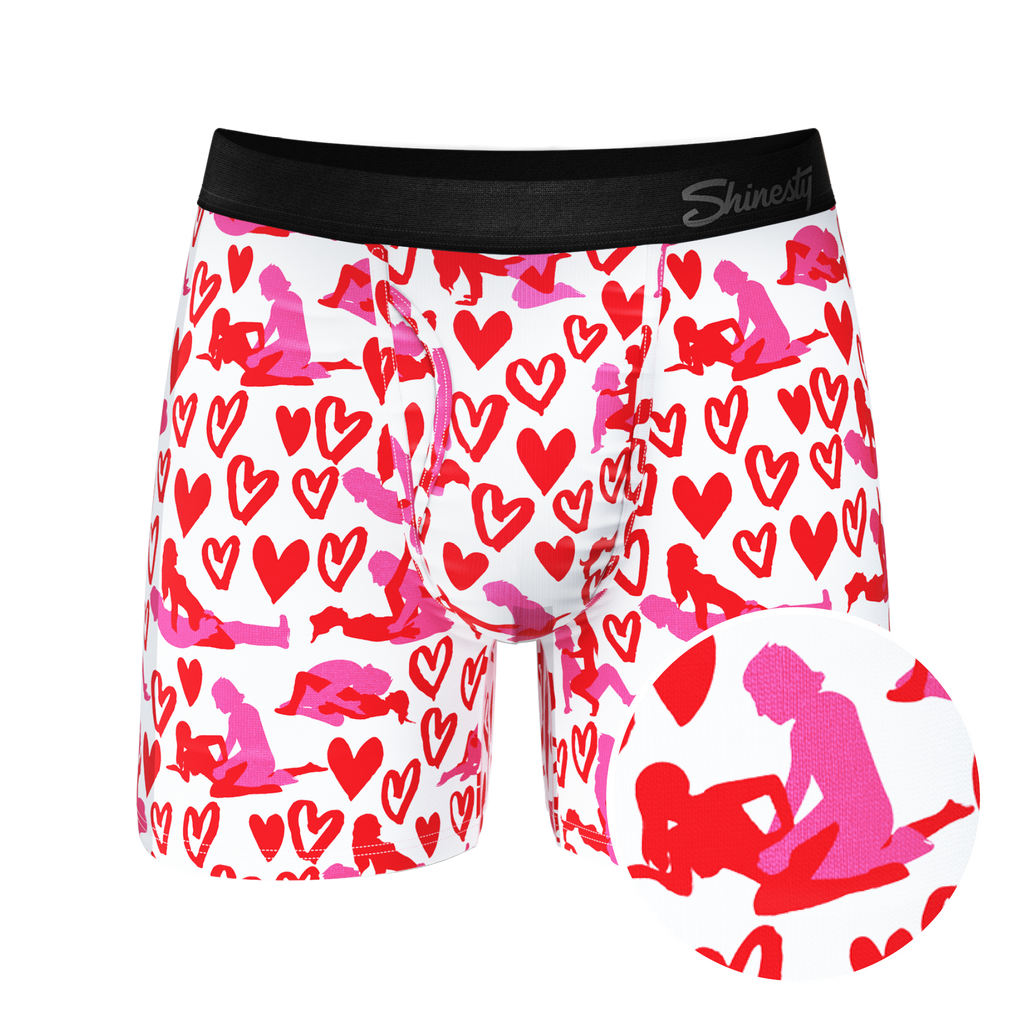 Valentines Ball Hammock® Pouch Underwear With Fly, a pair of boxer briefs with a heart pattern and logo.