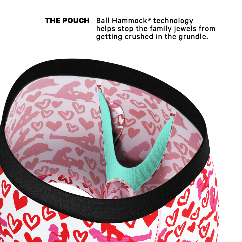 Close-up of Valentines Ball Hammock® Pouch Underwear With Fly and bag accessory.