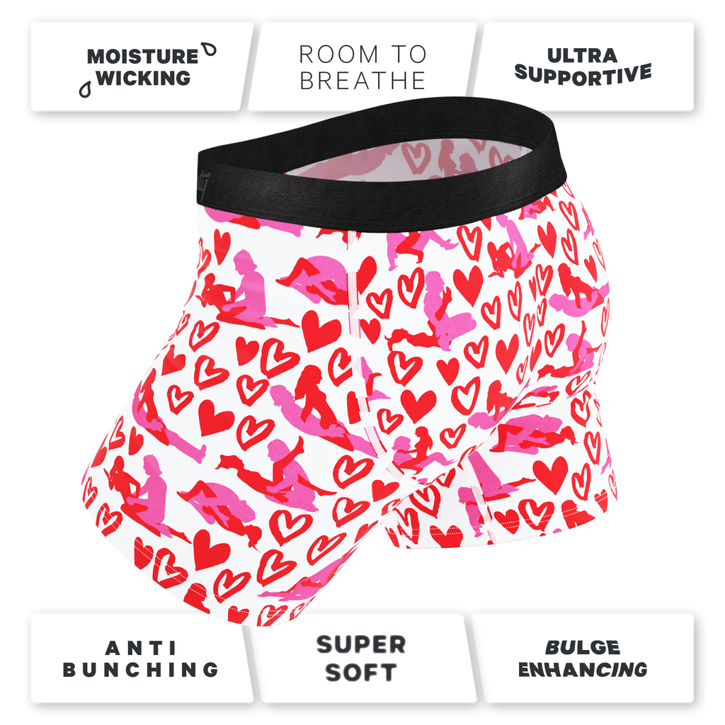 Valentines Ball Hammock® Pouch Underwear With Fly, hearts and lips design.