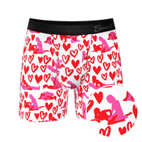 Boxer briefs with Valentine's Ball Hammock® pouch, hearts, and a couple, from The Hot-Blooded Handbook collection at Shinesty.