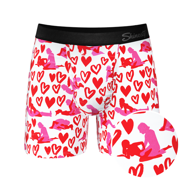 Boxer briefs with Valentine's Ball Hammock® pouch, hearts, and a couple, from The Hot-Blooded Handbook collection at Shinesty.