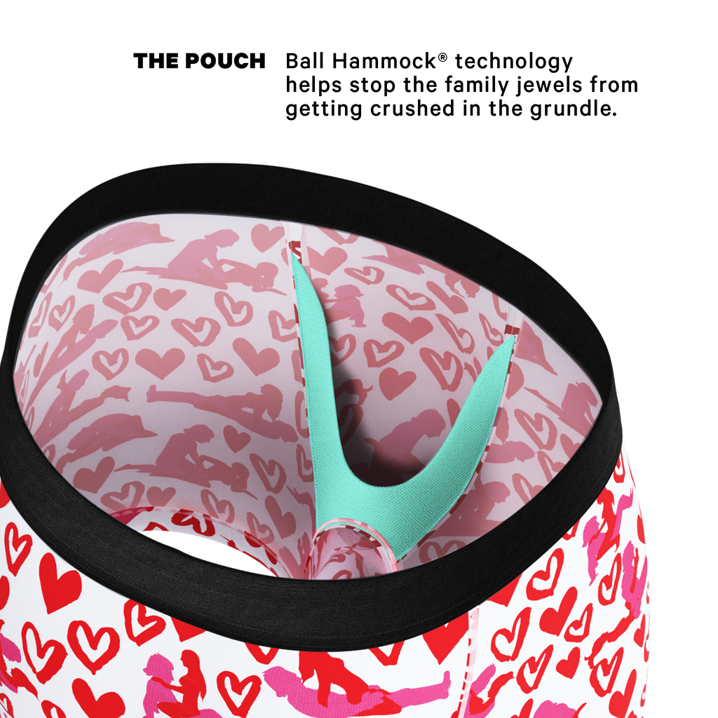 Close-up of Valentine's Ball Hammock® Pouch Underwear, hat, and bag - fashion accessories for a playful and comfy Valentine's Day look.