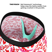 Close-up of Valentine's Ball Hammock® Pouch Underwear, hat, and bag - fashion accessories for a playful and comfy Valentine's Day look.