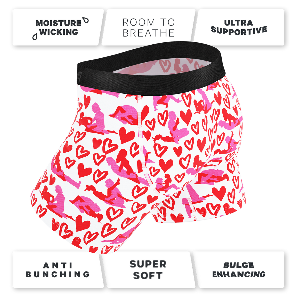 Valentines Ball Hammock® Pouch Underwear with hearts and birds, part of The Hot-Blooded Handbook collection by Shinesty.
