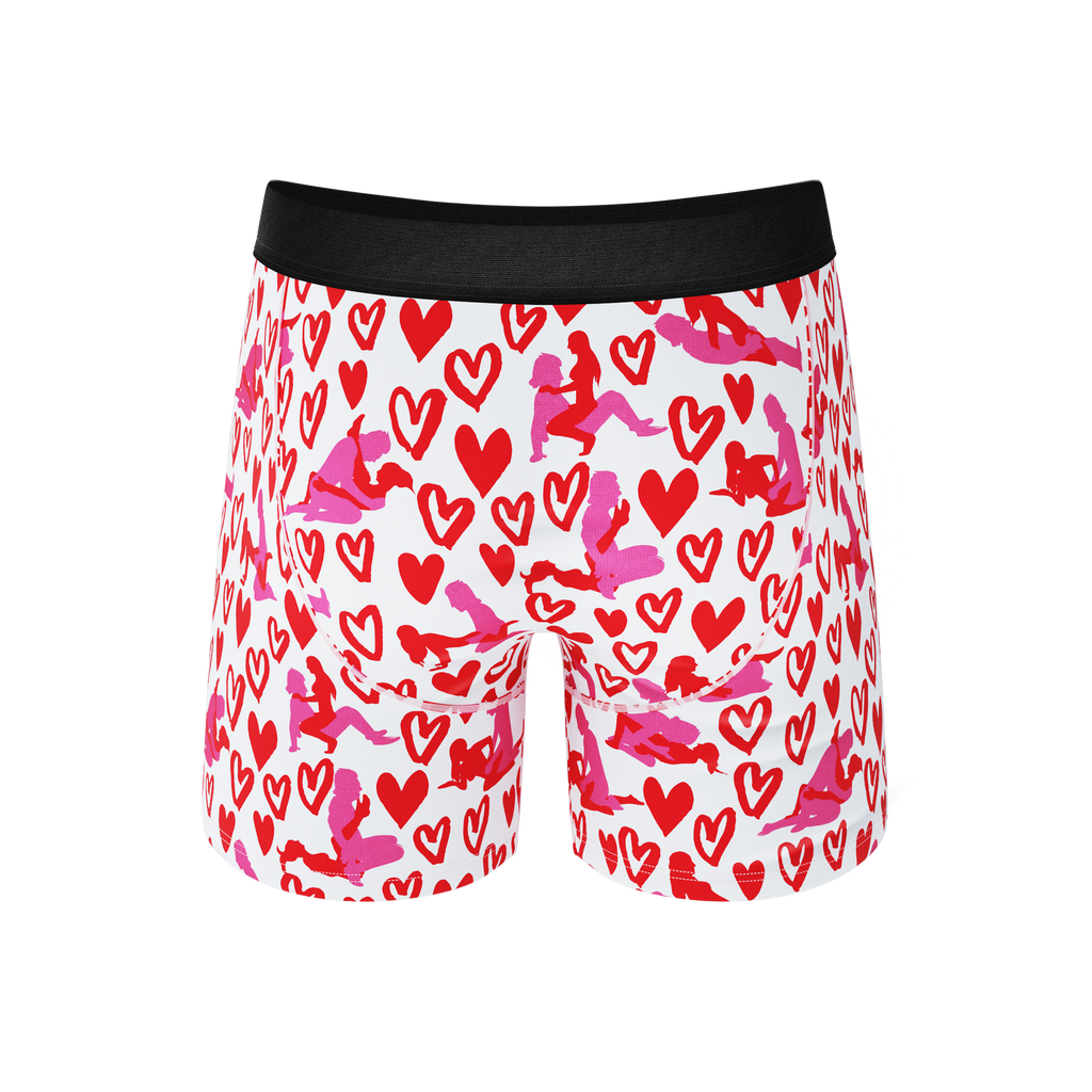 Valentines Ball Hammock® Pouch Underwear with hearts and angels, red heart details, and black fabric close-up.