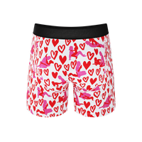 Valentines Ball Hammock® Pouch Underwear with hearts and angels, red heart details, and black fabric close-up.