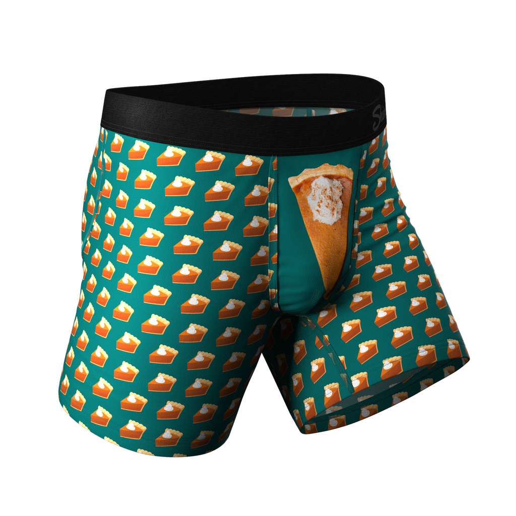A pair of men's boxer briefs with a pumpkin pie design, part of The Last Course collection by Shinesty.