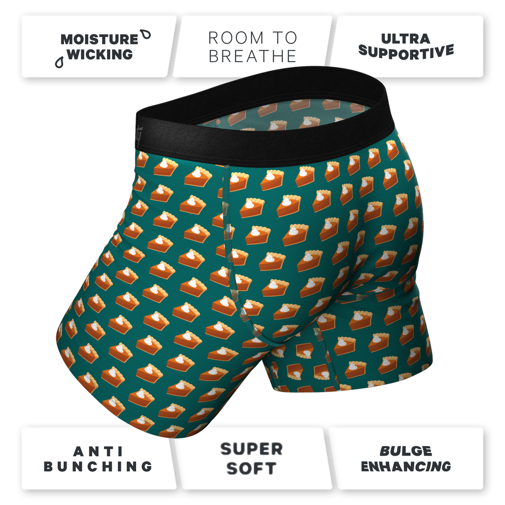 A pair of men's underwear featuring pumpkin pie Ball Hammock boxer briefs.